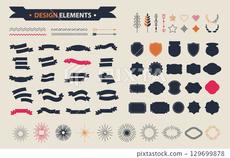 Decorative label elements set. Vintage retro stickers and badges collection with ribbons, arrow, laurel old classic emblem, simple flat logo. Vector isolated set 129699878