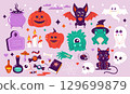 Halloween kids graphic. Cute pumpkin ghost cartoon elements of scary Halloween characters, flat childish funny doodle monster stickers for holiday decoration. Vector collection 129699879