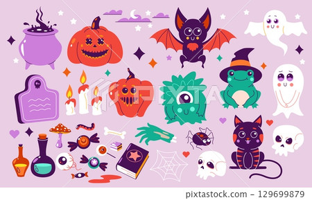Halloween kids graphic. Cute pumpkin ghost cartoon elements of scary Halloween characters, flat childish funny doodle monster stickers for holiday decoration. Vector collection 129699879