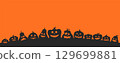 Halloween pumpkin seamless banner. Cartoon cutout scary faces on Halloween jack-o-lanterns black silhouettes, scary expression carving faces holiday symbols. Vector Halloween card 129699881