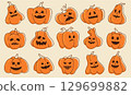 Halloween doodle faces. Cartoon scary pumpkin lanterns with spooky faces, cute funny scary traditional halloween pumpkins characters. Vector holiday symbol isolated set 129699882
