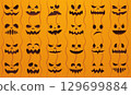 Halloween face. Cartoon pumpkin with scary and evil ghost face, horror spooky traditional jack symbols with angry eyes and mouth for pumpkin carvings. Vector Halloween collection 129699884