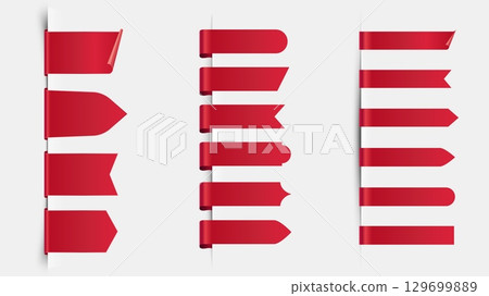 Bookmark ribbon tag. Realistic satin silk red scrolls badges banners, premium quality and discount offer stickers design elements. Vector bookmarks isolated set Bookmark ribbon tag. Realistic satin silk red scrolls badges banners, premium quality and discount offer stickers design elements. Vector bookmarks isolated set 129699889