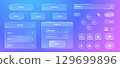 Glass ui elements. Round website buttons with icons, glassmorphism button user interface controls and web site layout elements. Vector modern glass web navigation buttons set 129699896