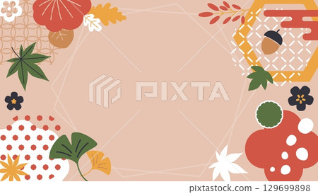 Japanese autumn background. Traditional asian style with ornamental falling leaves, elegant frame template for autumn season card design. Vector framing illustration 129699898