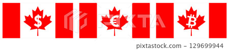 Flag of Canada, Maple leaf replaced with dollar, euro, bitcoin sign. Canadian trade to United States, Europe and cryptocurrency trading concept Flag of Canada, Maple leaf replaced with dollar, euro, bitcoin sign. Canadian trade to United States, Europe and cryptocurrency trading concept 129699944