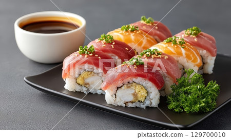 Fresh and Delicious Sushi with Tasty Ingredients Served on a Black Plate with Soy Sauce and Garnish 129700010