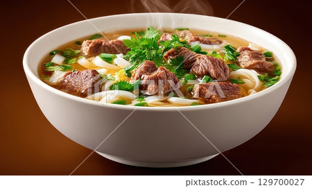 Delicious steaming bowl of pho with tender beef, fresh herbs, and creamy noodles, perfect for a comforting meal 129700027