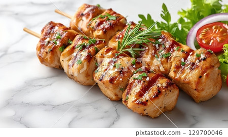 Juicy Grilled Chicken Kebabs on Skewers with Fresh Herbs and Vegetables on Marble Background 129700046