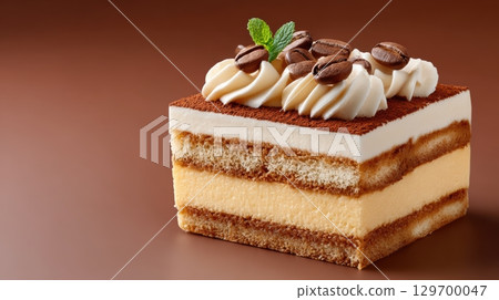 Delicious Tiramisu Dessert with Cream and Coffee on Elegant Background 129700047