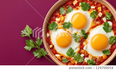 Delicious Shakshuka with Fresh Eggs and Herbs on a Vibrant Background 129700058