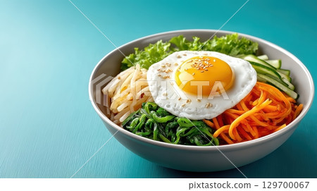 Colorful Bibimbap Bowl with Fresh Vegetables and Fried Egg on a Turquoise Background 129700067