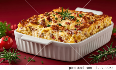 Delicious Tasty Lasagna Dish with Fresh Herbs and Red Tomatoes on a Vibrant Background 129700068