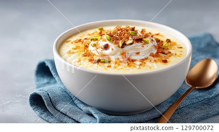 Creamy Kheer Dessert with Nuts and Whipped Cream in Bowl on Blue Napkin 129700072