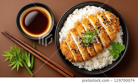 Delicious Katsu Dish Served with Rice, Sauce, and Fresh Herbs in a Stylish Bowl on Brown Background 129700074