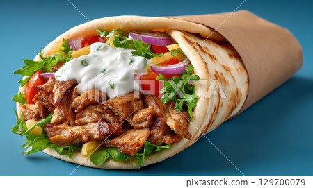 Delicious Gyros Wrap Filled with Fresh Salad, Juicy Meat and Tzatziki Sauce Against a Vibrant Blue Background Delicious Gyros Wrap Filled with Fresh Salad, Juicy Meat and Tzatziki Sauce Against a Vibrant Blue Background 129700079