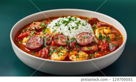 Delicious Seafood Gumbo with Shrimp, Sausage, and Rice Garnished with Fresh Herbs in a Decorative Bowl Delicious Seafood Gumbo with Shrimp, Sausage, and Rice Garnished with Fresh Herbs in a Decorative Bowl 129700081