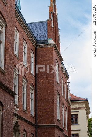 Side view of a historic Gothic university building 129700230