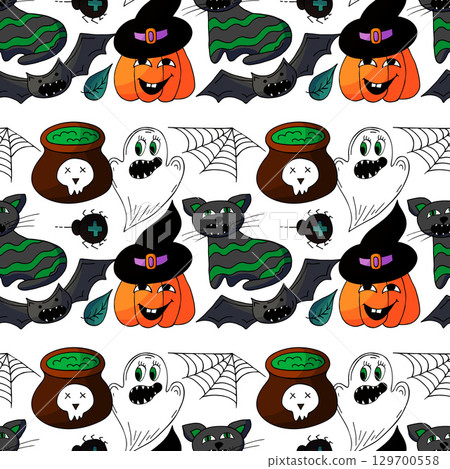 Halloween seamless pattern in hand draw style Halloween seamless pattern in hand draw style 129700558