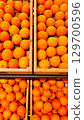 An abundant pile of fresh oranges. Fruits on a market stall. Eco food, vegetarian lifestyle, organic nutrition, and healthy eating. 129700596