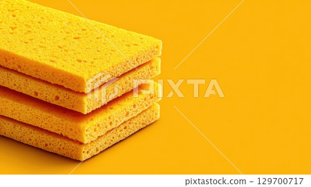 Bright Yellow Kitchen Sponges Perfect for Cleaning and Dishwashing on a Vibrant Sunny Background Bright Yellow Kitchen Sponges Perfect for Cleaning and Dishwashing on a Vibrant Sunny Background 129700717