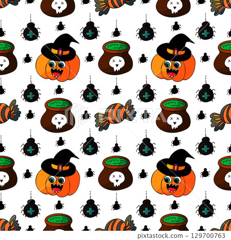 Halloween seamless pattern in hand draw style Halloween seamless pattern in hand draw style 129700763