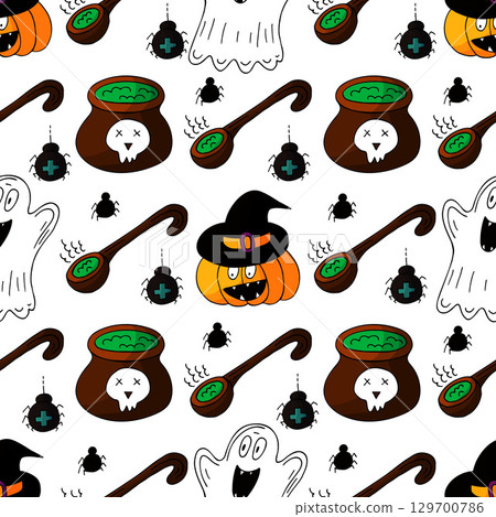 Halloween seamless pattern in hand draw style Halloween seamless pattern in hand draw style 129700786