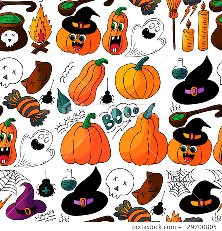 Halloween seamless pattern in hand draw style Halloween seamless pattern in hand draw style 129700805