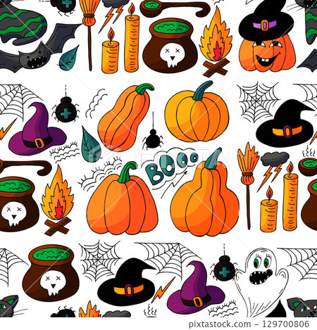 Halloween seamless pattern in hand draw style Halloween seamless pattern in hand draw style 129700806
