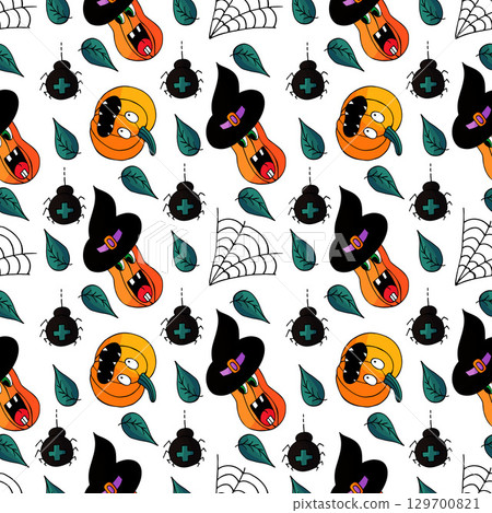 Halloween seamless pattern in hand draw style 129700821