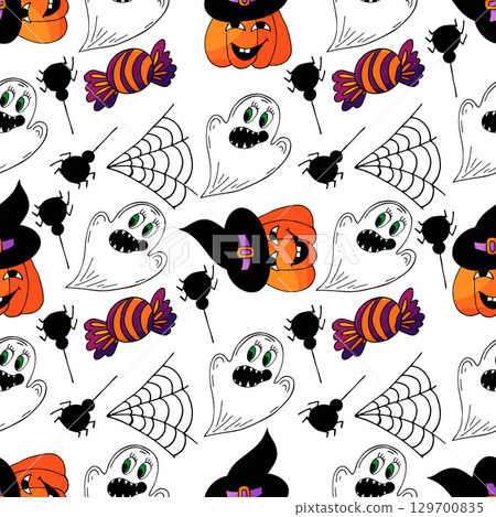 Halloween seamless pattern in hand draw style 129700835