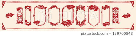 Chinese frame set, traditional oriental New Year border print, red holiday ink decoration stamp kit. 129700848