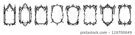 Gothic frame set, vector dark fantasy vintage border, medieval tribal spike decor, Halloween graphic Gothic frame set, vector dark fantasy vintage border, medieval tribal spike decor, Halloween graphic 129700849