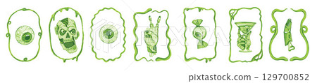 Halloween frame set, watercolor spooky holiday border, scary zombie party invitation slime decor. Halloween frame set, watercolor spooky holiday border, scary zombie party invitation slime decor. 129700852