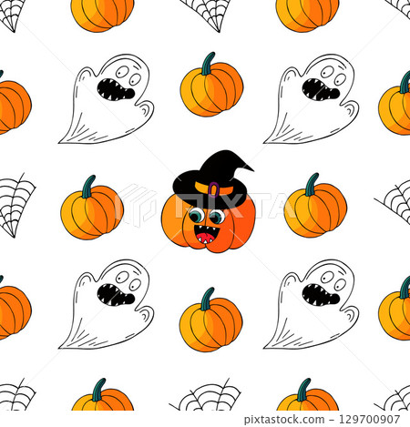 Halloween seamless pattern in hand draw style 129700907