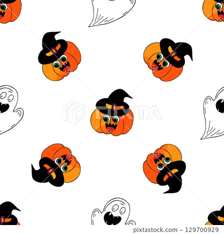 Halloween seamless pattern in hand draw style Halloween seamless pattern in hand draw style 129700929