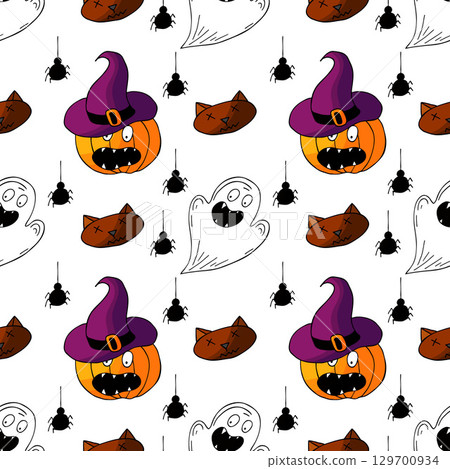 Halloween seamless pattern in hand draw style Halloween seamless pattern in hand draw style 129700934