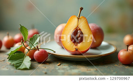 Delicious halved plum close up on a plate with leaves and surrounding fresh ripe fruits Delicious halved plum close up on a plate with leaves and surrounding fresh ripe fruits 129700967