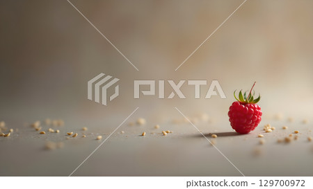Artistic food photography of a solitary raspberry with scattered seeds creates a minimalist composition conveying natural beauty 129700972