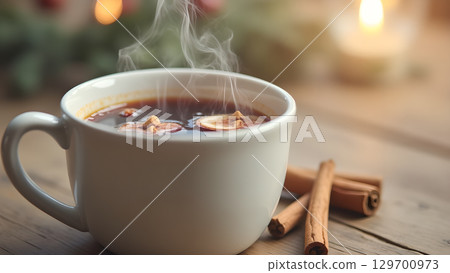 Aromatic winter drink in a white mug on a wooden table with cinnamon sticks Aromatic winter drink in a white mug on a wooden table with cinnamon sticks 129700973