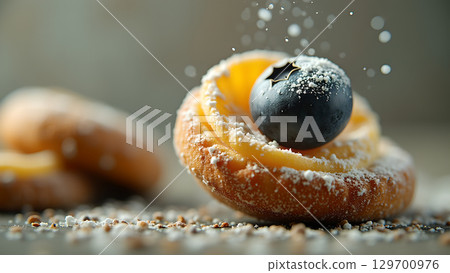 Delicate donut pastry adorned with a vibrant blueberry and dusted with confectioners sugar Delicate donut pastry adorned with a vibrant blueberry and dusted with confectioners sugar 129700976