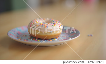 Close-up shot of a delicious donut with white icing and sprinkles on a small plate 129700979