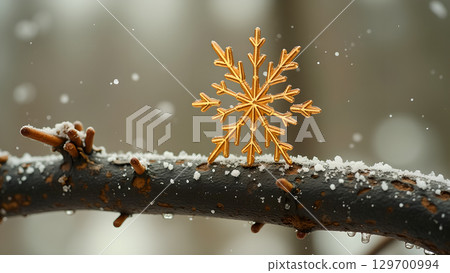 A golden snowflake sitting on a snow covered branch creating a winter themed scene beautifully 129700994