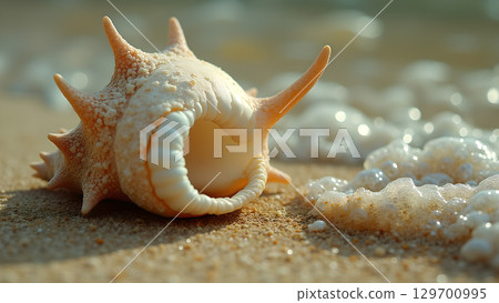 Captivating seashell on sandy beach with soft ocean waves shimmering in the background creating serene coastal moment 129700995