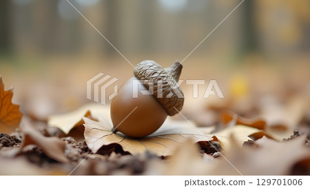 Capturing the essence of autumn: A detailed view of an acorn on fallen leaves Capturing the essence of autumn: A detailed view of an acorn on fallen leaves 129701006