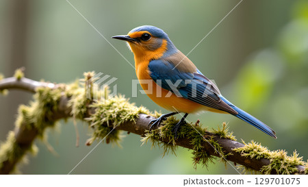 Vibrant orange robin perched on mossy tree branch within lush green forest environment showing vibrant color hues Vibrant orange robin perched on mossy tree branch within lush green forest environment showing vibrant color hues 129701075