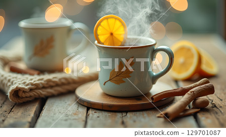 Cozy winter scene featuring steaming tea mugs, orange slices, and cinnamon sticks on rustic wooden surface, illuminated by soft bokeh lights 129701087