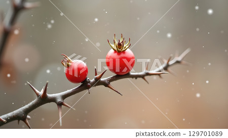 Two red rosehips on a thorny branch create a festive winter scene with snowflakes falling Two red rosehips on a thorny branch create a festive winter scene with snowflakes falling 129701089
