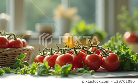 Freshly harvested cherry tomatoes and herbs displayed against a sunlit kitchen backdrop creating culinary inspiration Freshly harvested cherry tomatoes and herbs displayed against a sunlit kitchen backdrop creating culinary inspiration 129701090