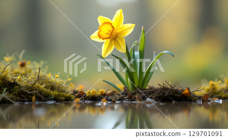 A vibrant yellow daffodil emerging from the earth near water displaying the beauty of springtime and rebirth A vibrant yellow daffodil emerging from the earth near water displaying the beauty of springtime and rebirth 129701091